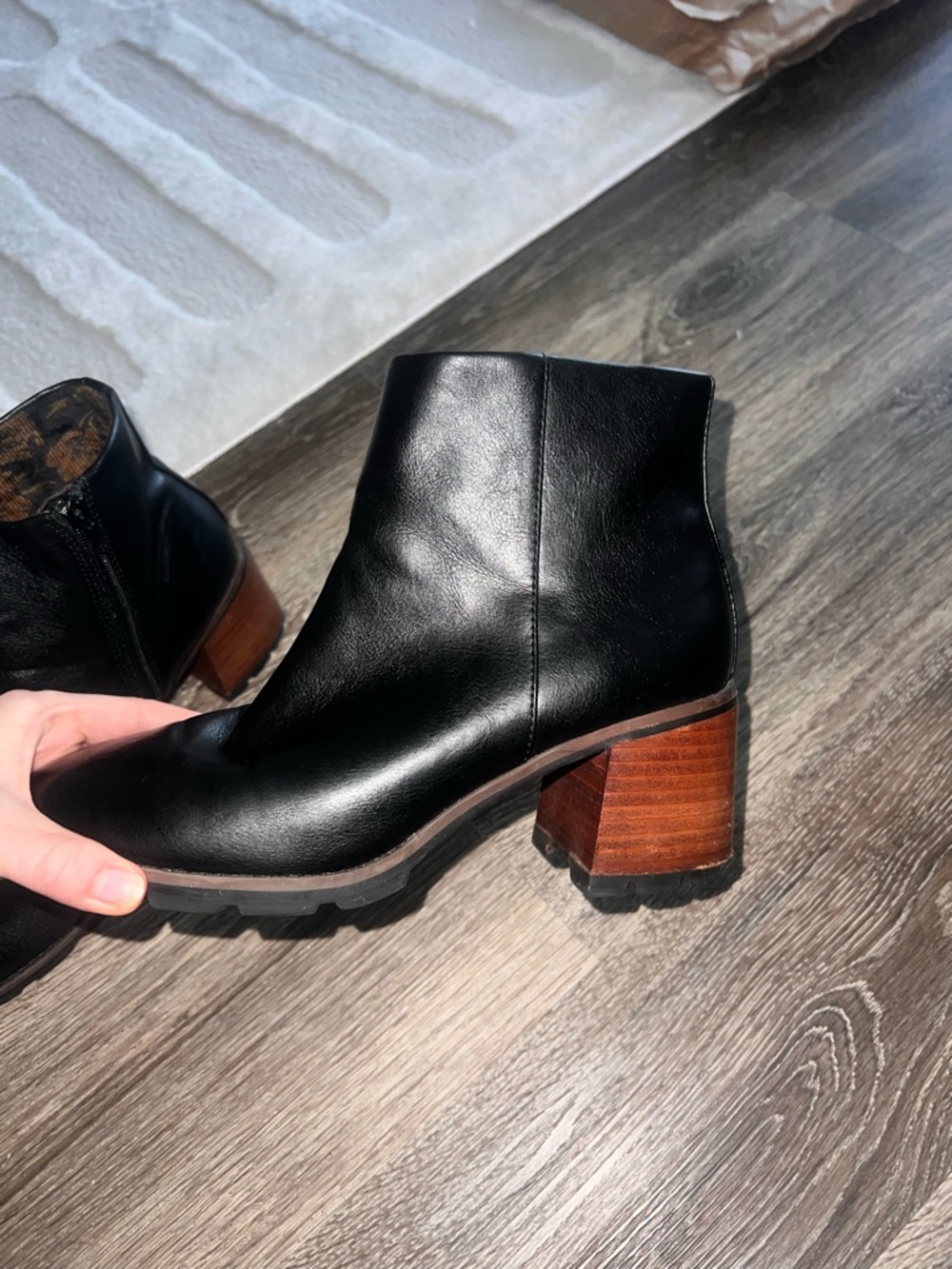 Women's Black Leather Block Heel Ankle Boots